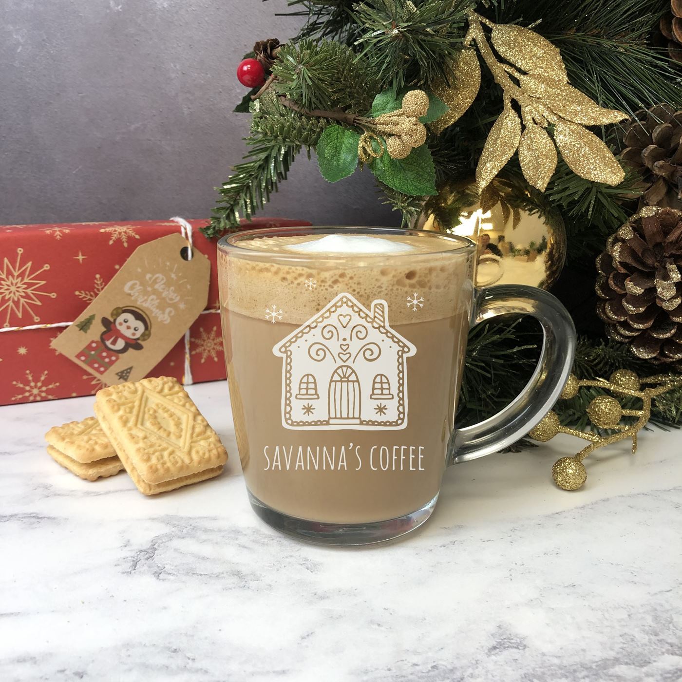 Personalised Glass Christmas Mug - Gingerbread House