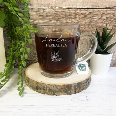 Personalised Glass Tea Mug - Tea Leaf