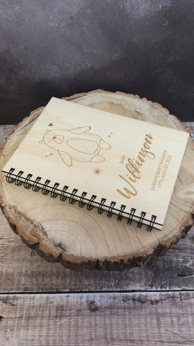 Personalised Baby Shower A5 Wood Cover Spiral Bound Plain Teddy Bear Notepad