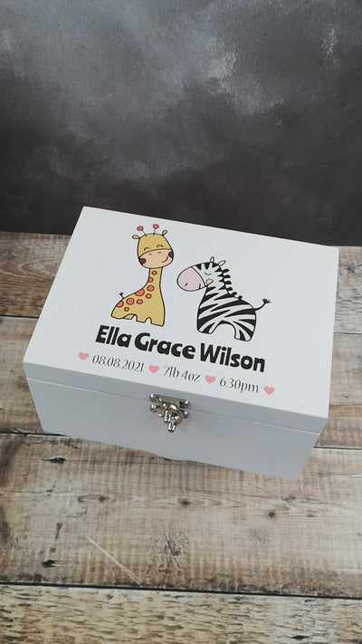 Personalised White Wooden New Baby Keepsake Box - Zoo Animals Pink Hearts