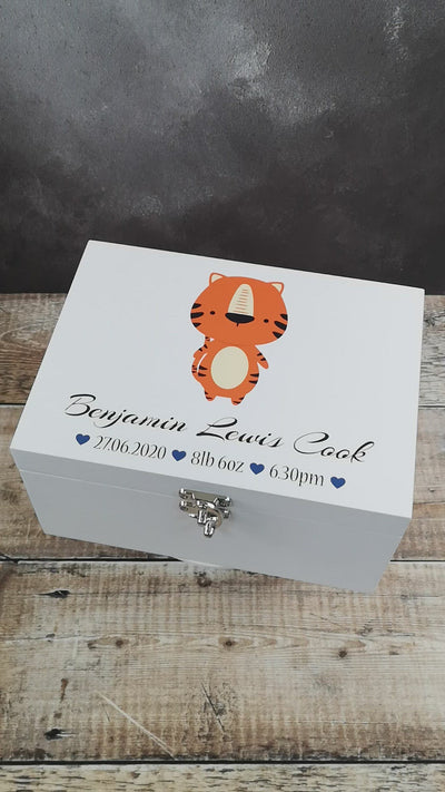 Personalised White Wooden New Baby Keepsake Box - Cute Animals Blue Hearts