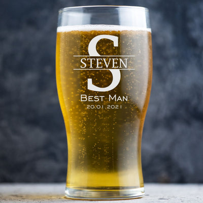 Personalised Wedding Beer Glass Classic Design - Name with Large Initial