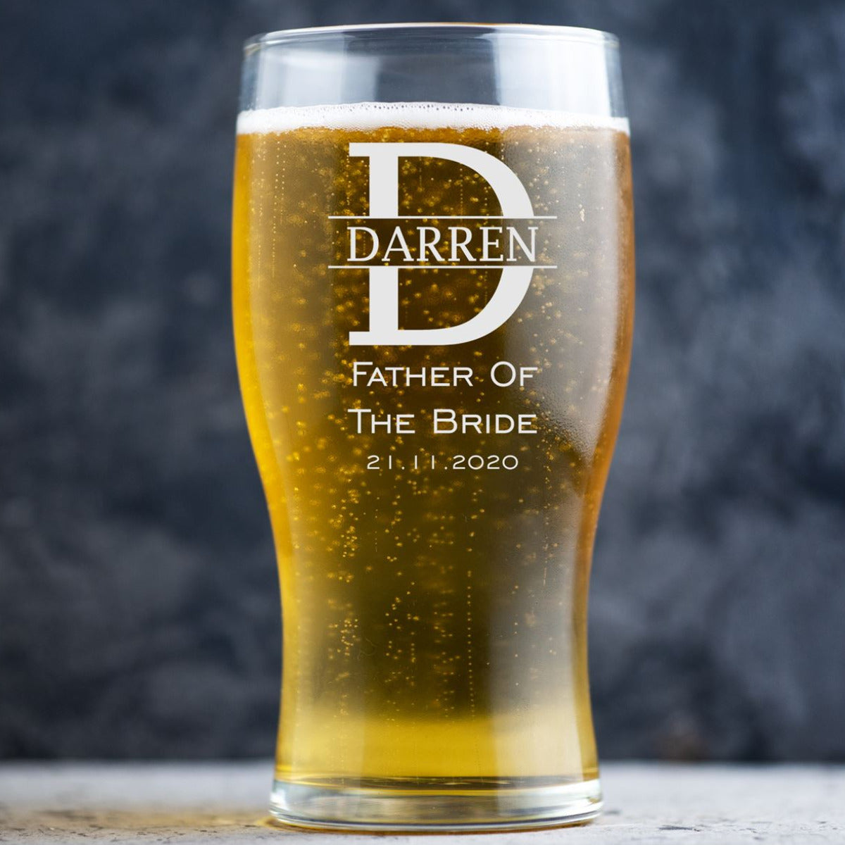 Personalised Wedding Beer Glass Classic Design - Name with Large Initial