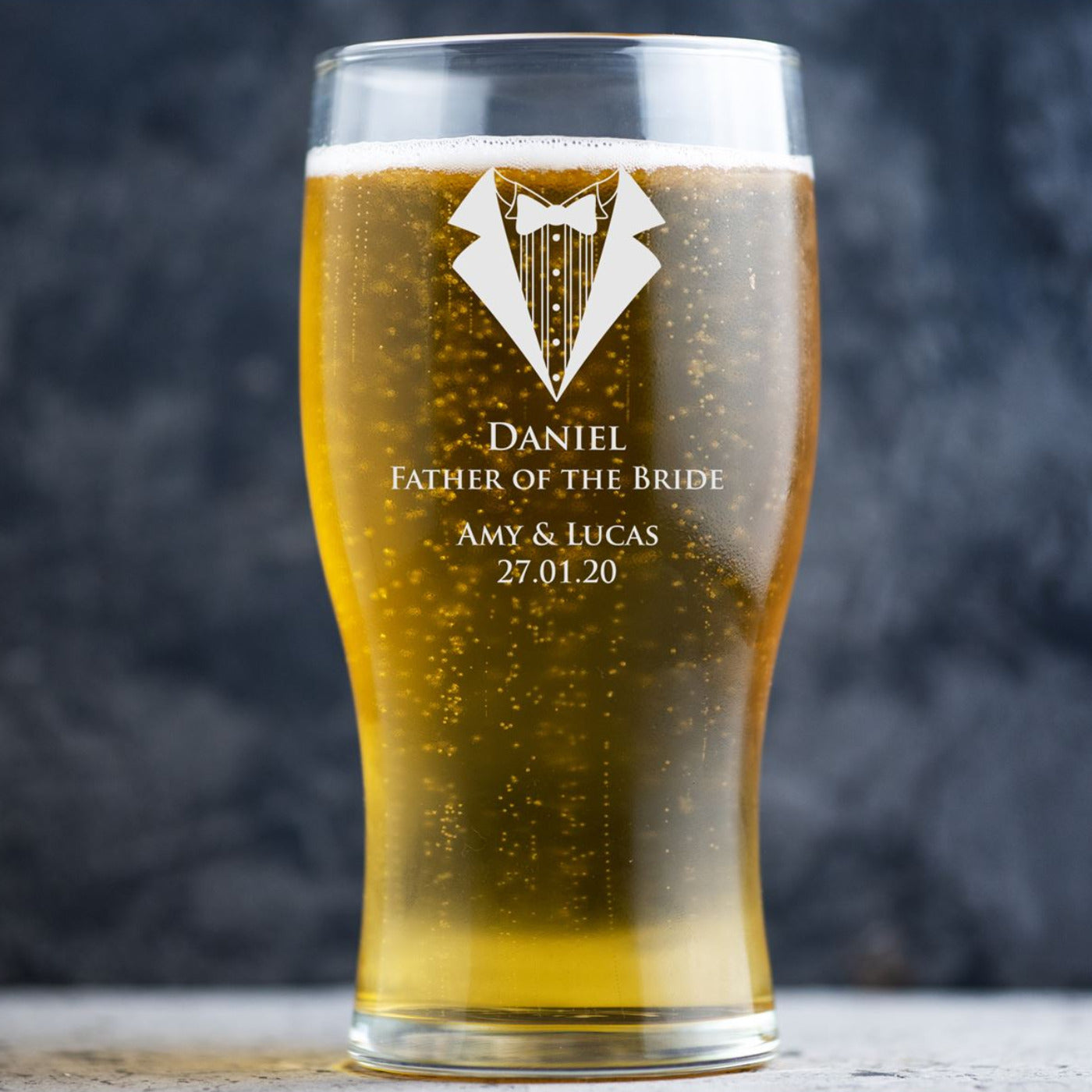 Personalised Wedding Beer Glass Classic Design - Name with Tuxedo