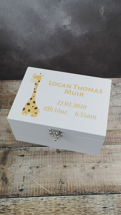 Personalised White Wooden New Baby Keepsake Box - Yellow Giraffe