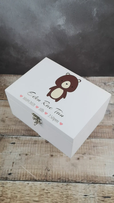 Personalised White Wooden New Baby Keepsake Box - Cute Animals Pink Hearts