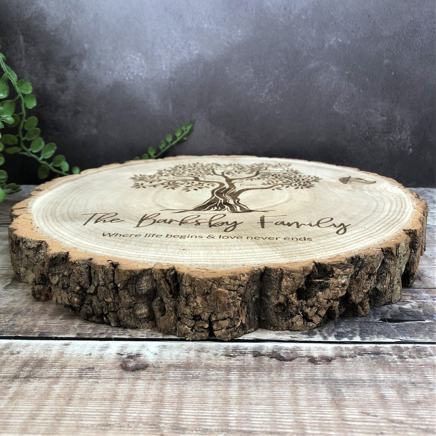 Personalised Family Tree Solid Birch Round Log Slice Decoration