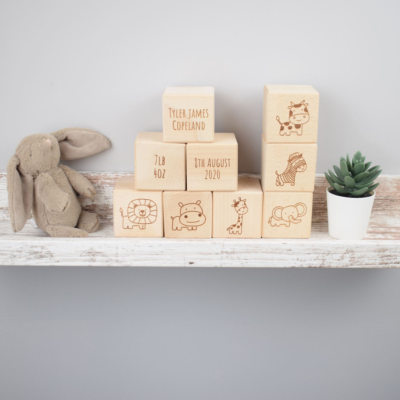 Personalised Beech Wood Baby Building Blocks - Safari