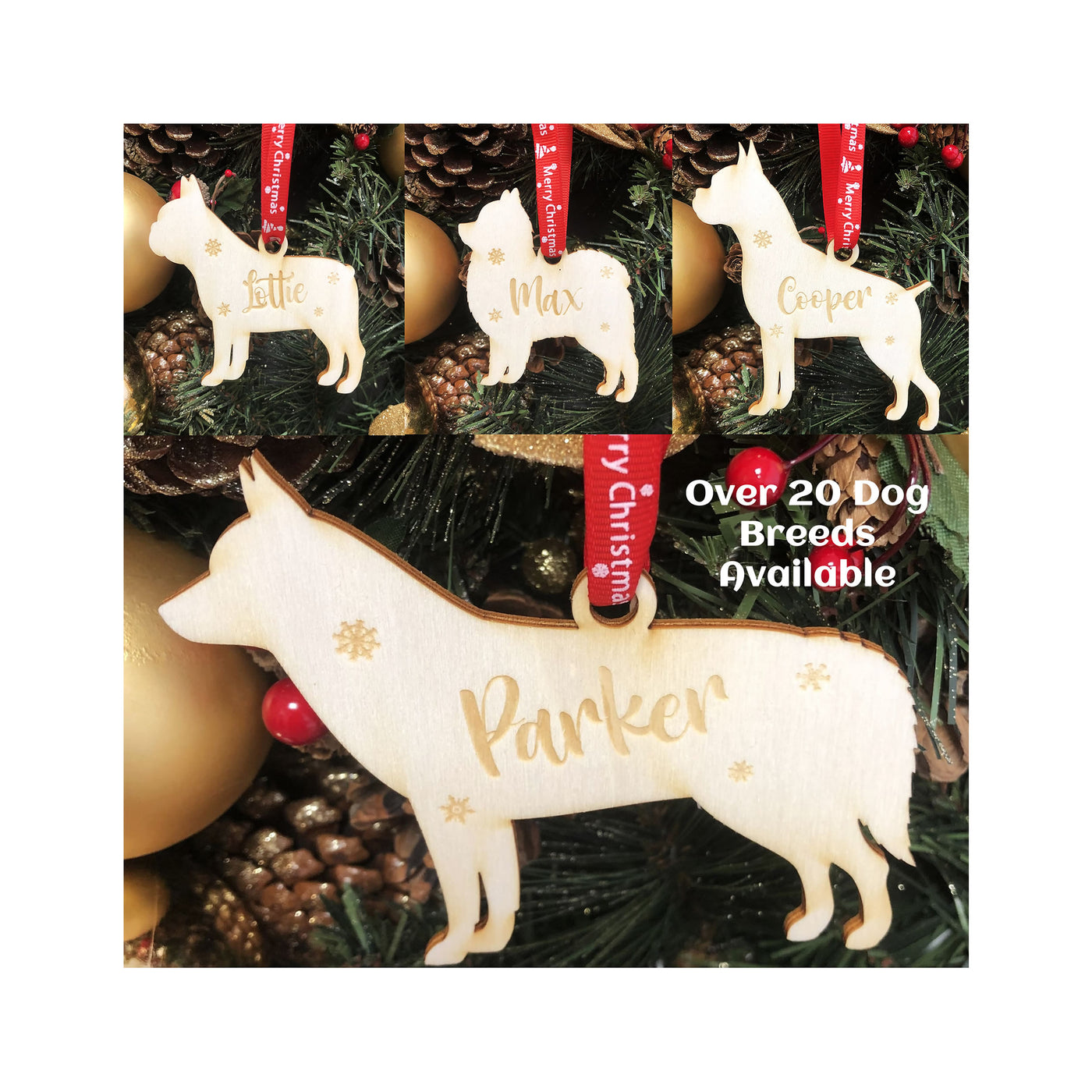Personalised Wooden Dog Christmas Bauble -  20+ Breeds Laser Engraved with Name