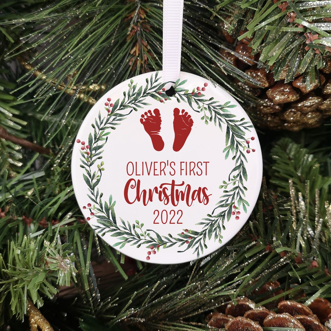 Personalised Ceramic Baby's First Christmas Bauble - Baby Feet