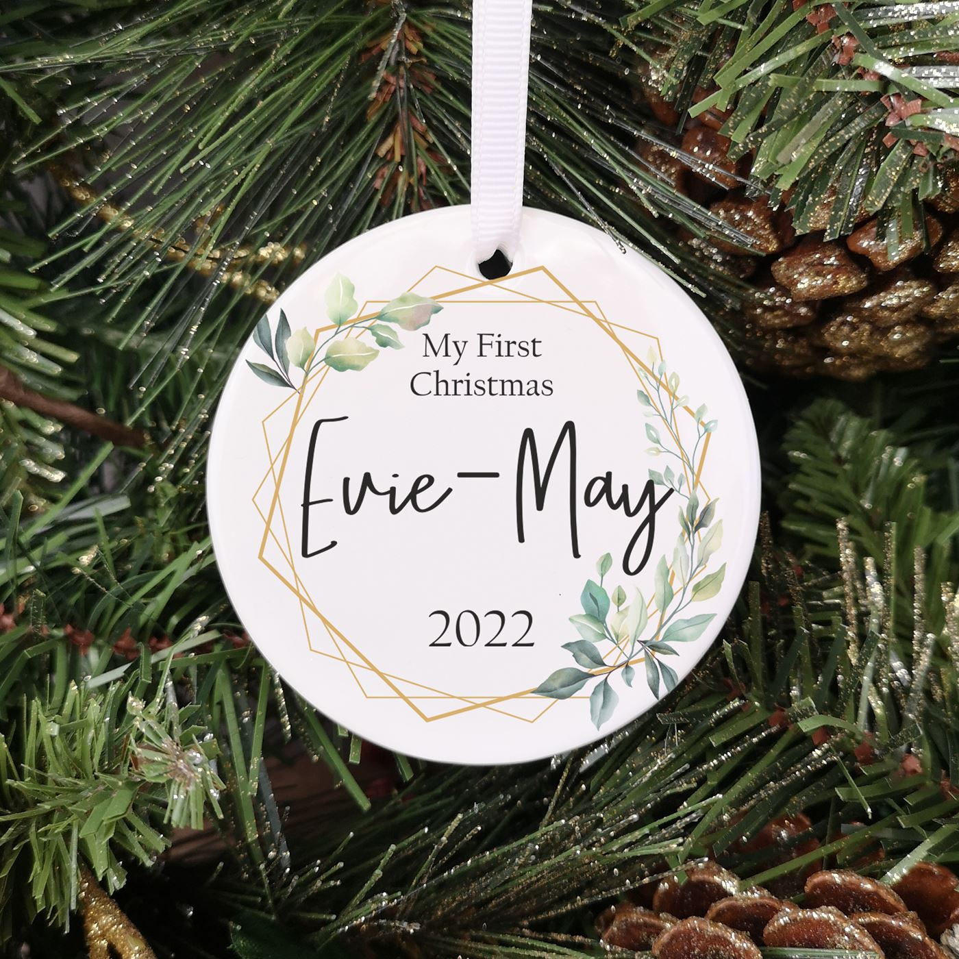 Personalised Foliage Border Bauble - Baby's First Christmas