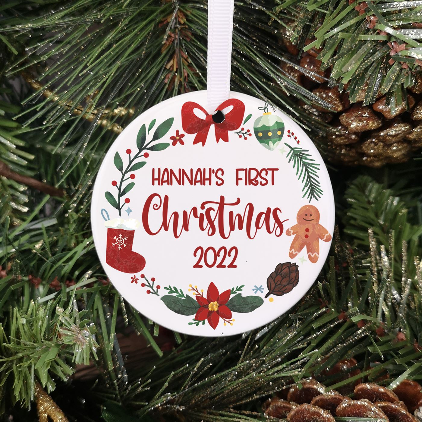 Personalised Ceramic Baby's First Christmas Bauble - Festive Wreath