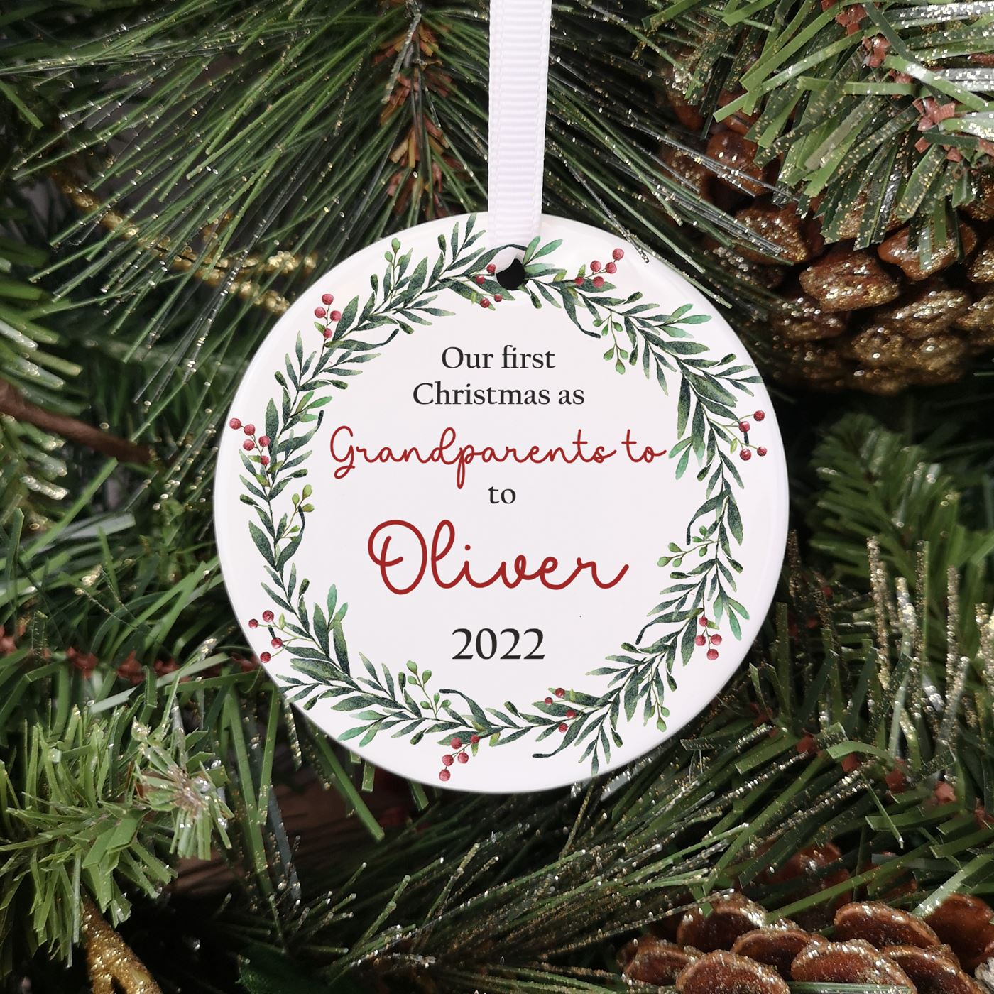Personalised Ceramic 'Our First Christmas as Grandparents' Bauble