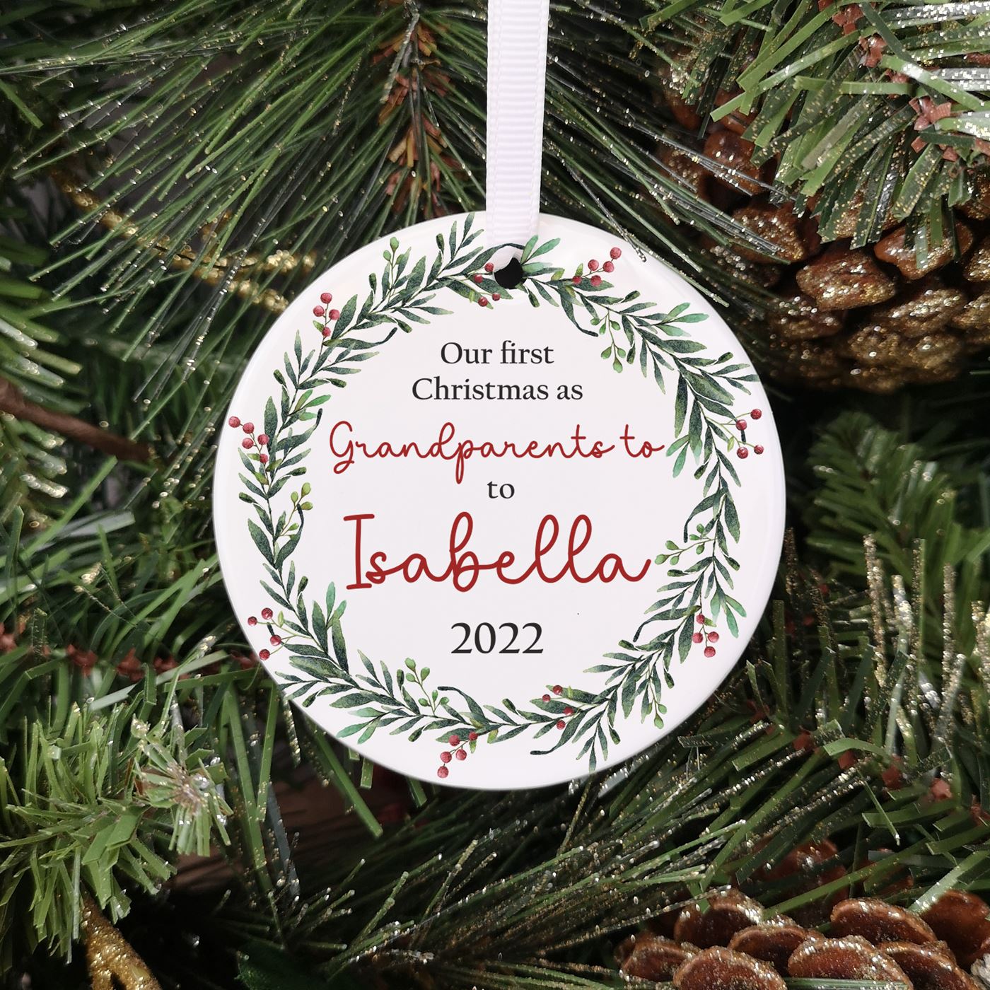 Personalised Ceramic 'Our First Christmas as Grandparents' Bauble