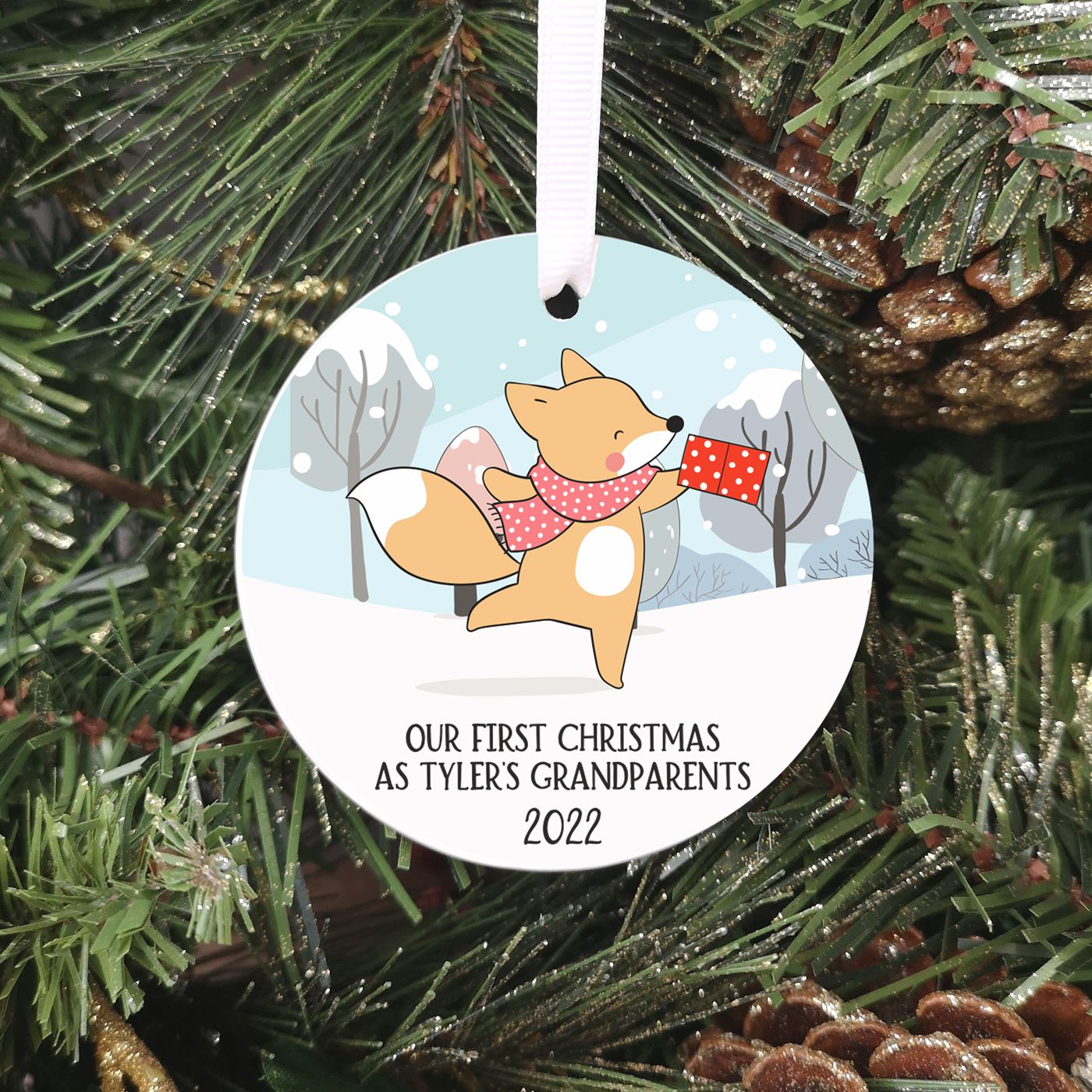 Personalised Ceramic 'Our First Christmas as Grandparents' Bauble - Fox