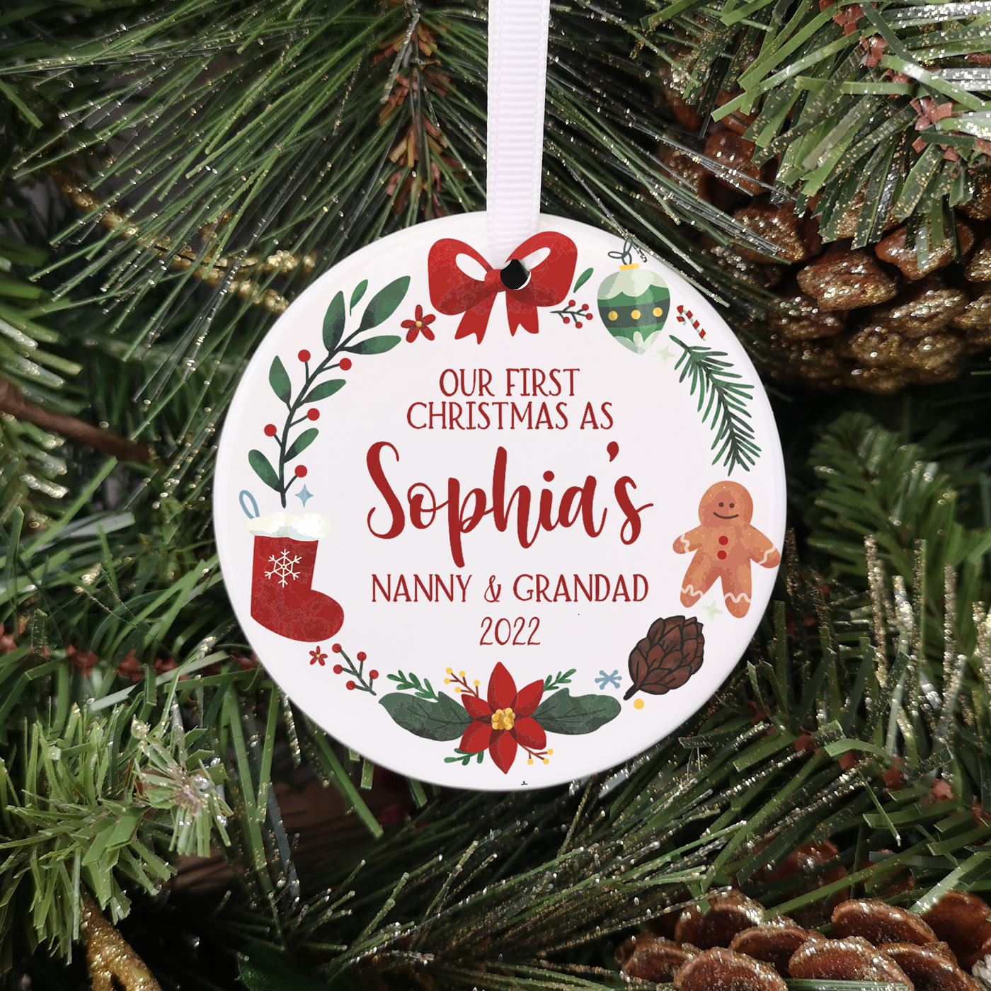 Personalised Ceramic 'Our First Christmas as Grandparents' Bauble - Wreath