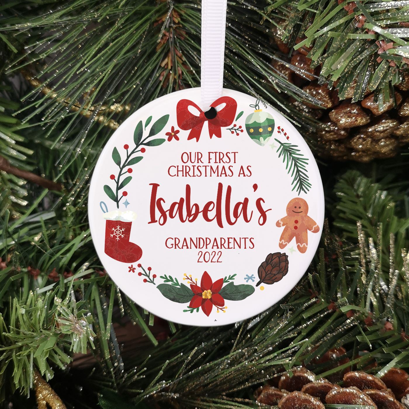 Personalised Ceramic 'Our First Christmas as Grandparents' Bauble - Wreath