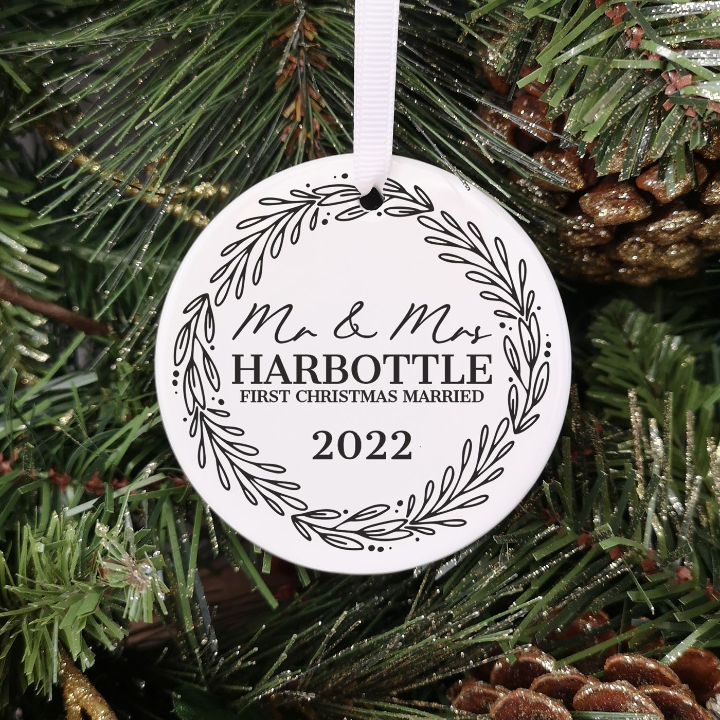 Personalised Ceramic First Christmas Married Bauble - Wreath
