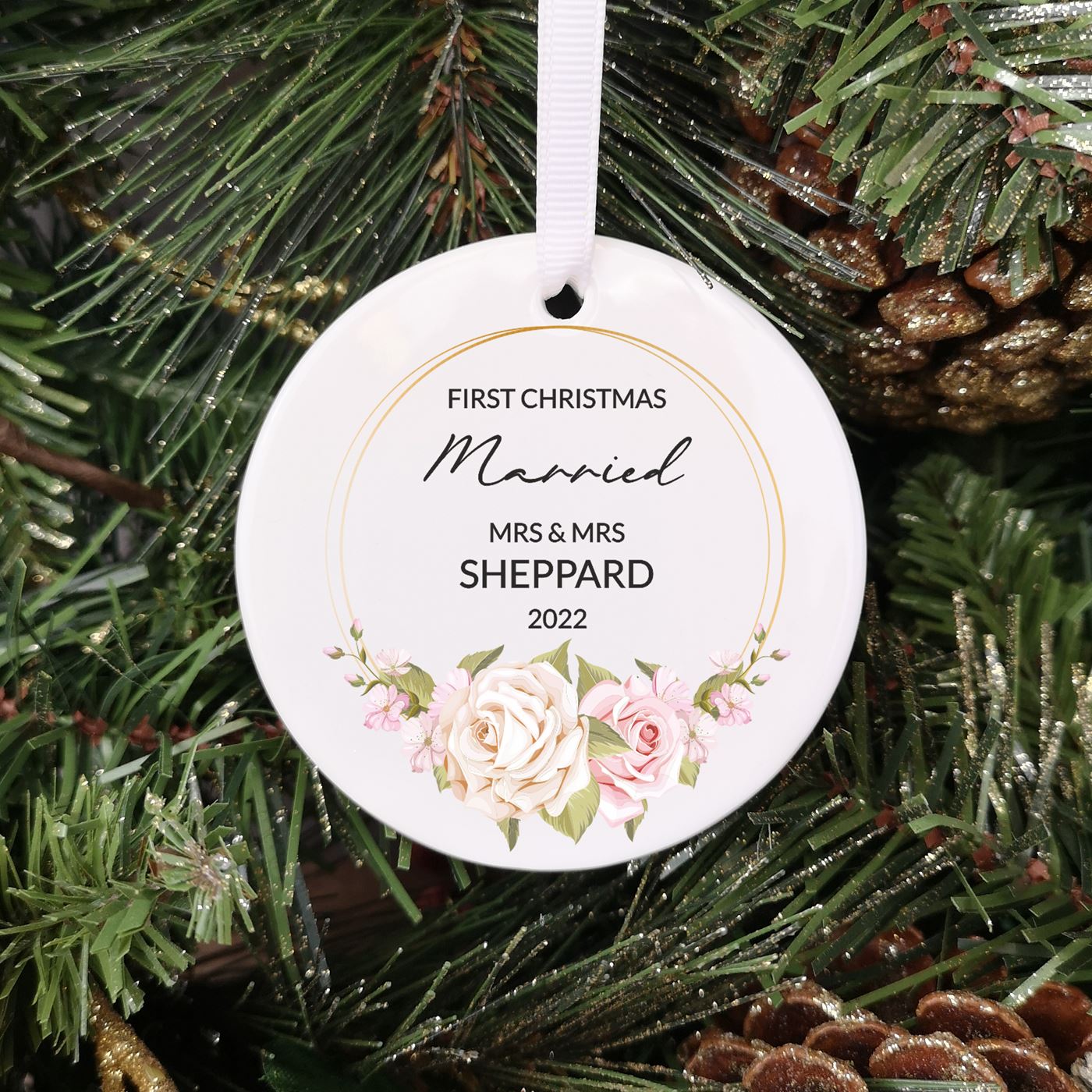 Personalised Ceramic First Christmas Married Christmas Bauble - Floral