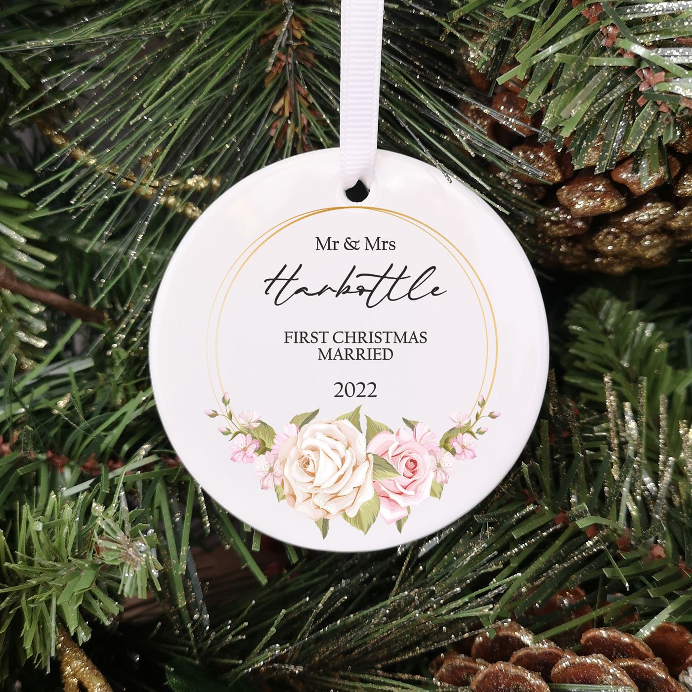 Personalised Ceramic 1st Christmas Married Christmas Bauble - Floral