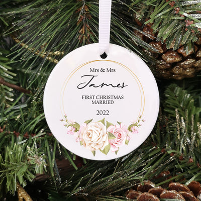 Personalised Ceramic 1st Christmas Married Christmas Bauble - Floral