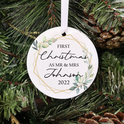 Personalised Ceramic First Married Christmas Foliage Bauble - Mr & Mrs