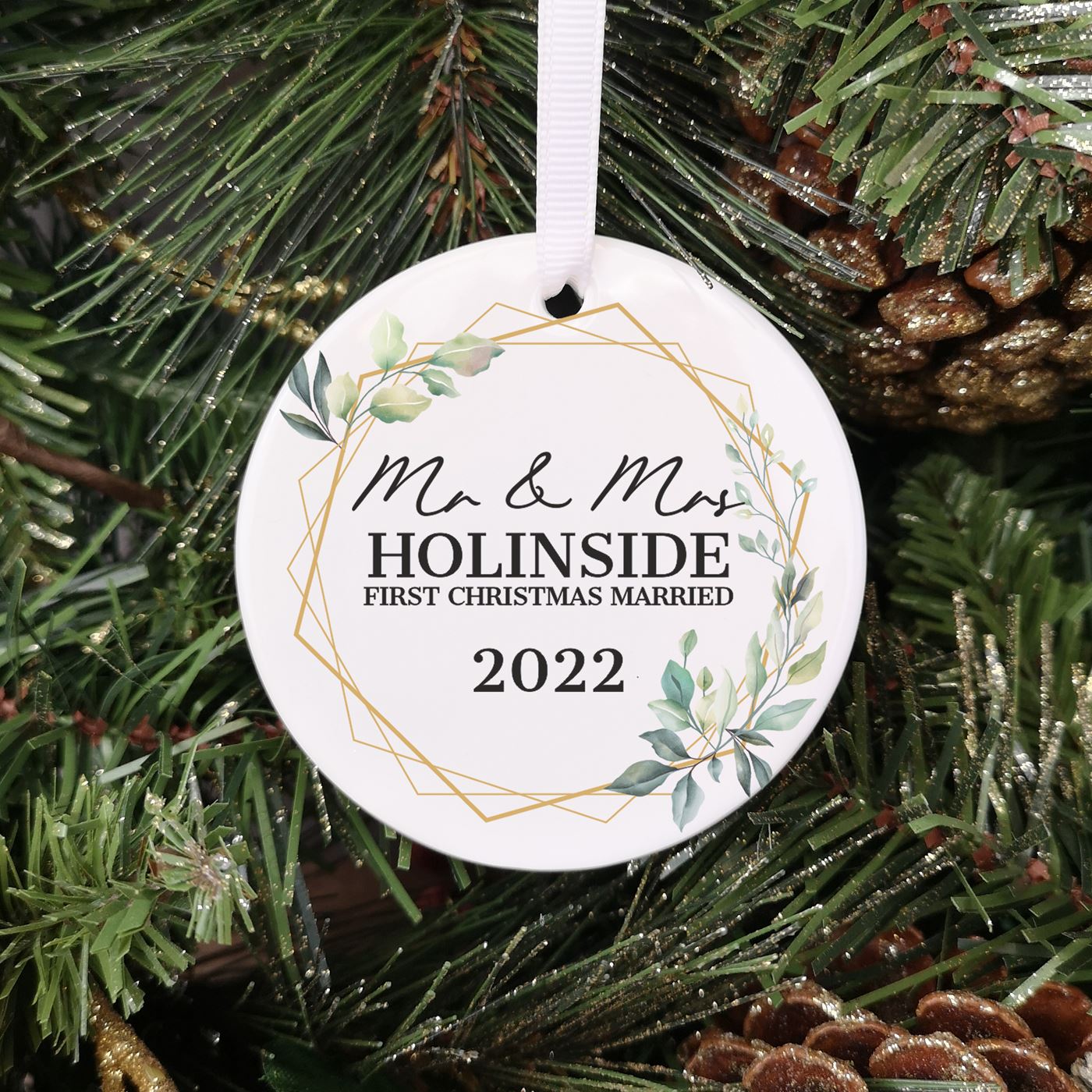 Personalised Ceramic First Christmas Married Bauble - Foliage Border