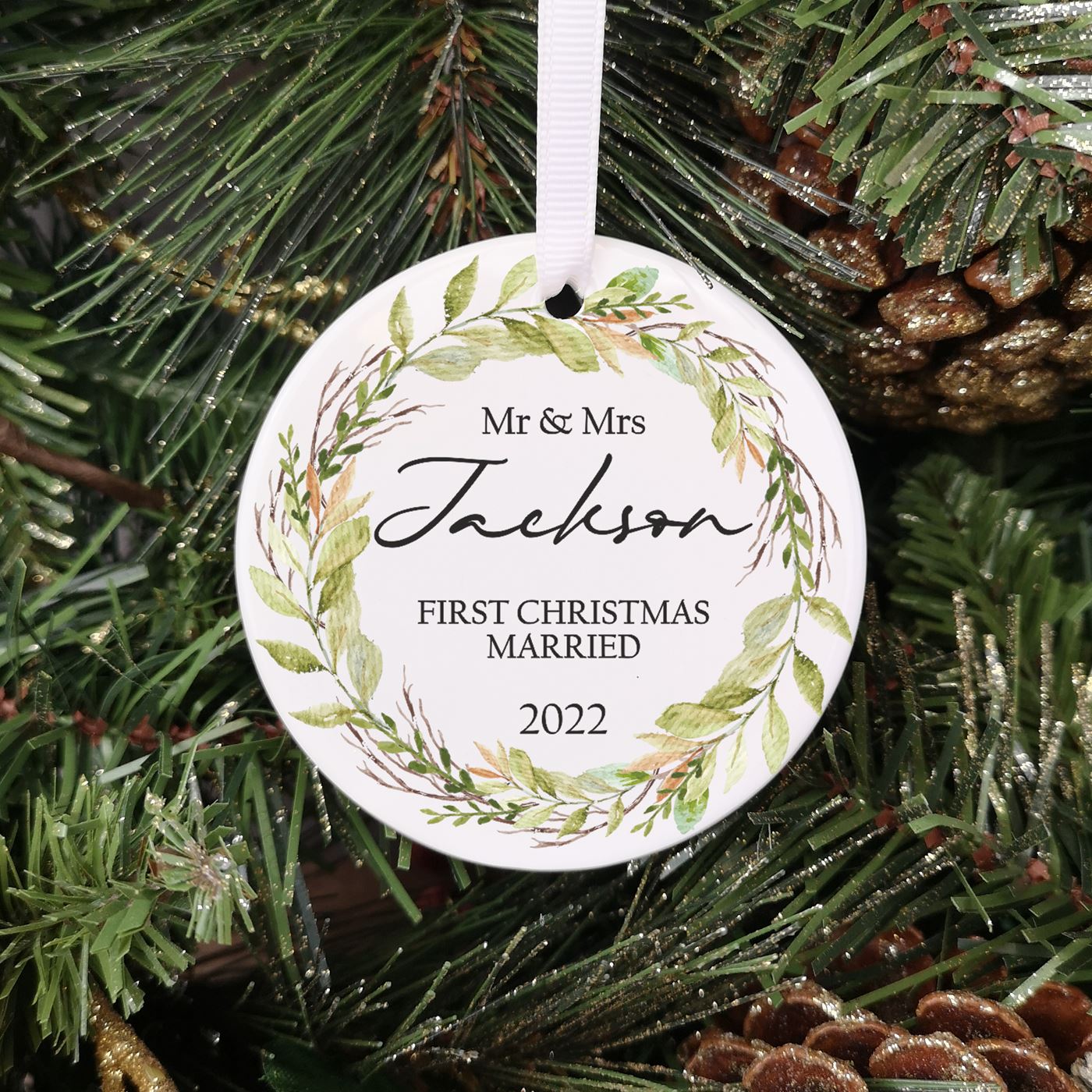 Personalised Ceramic First Christmas Married Christmas Foliage Bauble