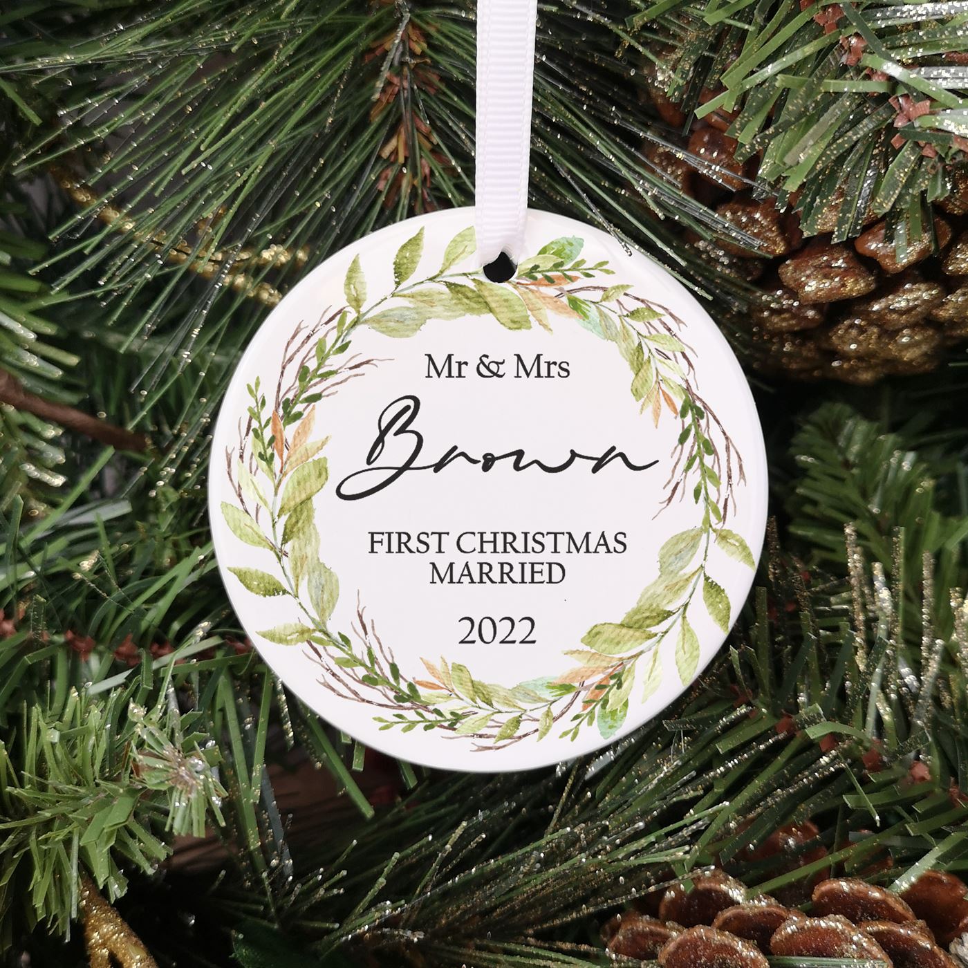Personalised Ceramic First Christmas Married Christmas Foliage Bauble