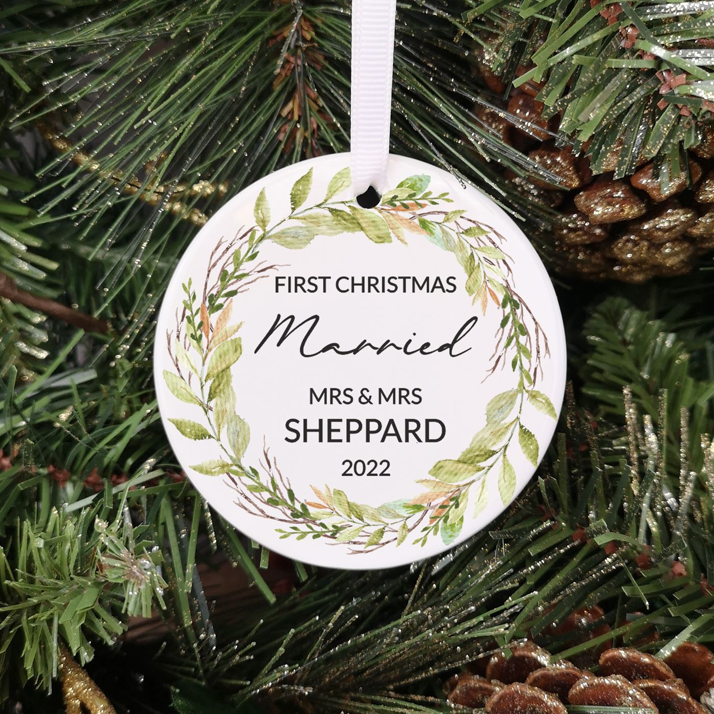Personalised Ceramic First Christmas Married Bauble - Foliage Wreath