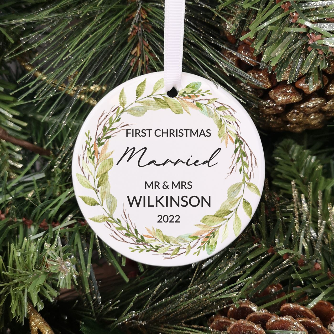 Personalised Ceramic First Christmas Married Bauble - Foliage Wreath