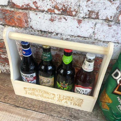 Personalised Wooden Beer Carrier - Surviving Fatherhood One Beer at a Time