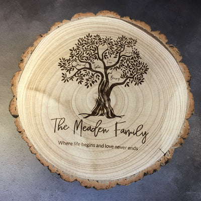 Personalised Family Tree Solid Birch Round Log Slice Decoration