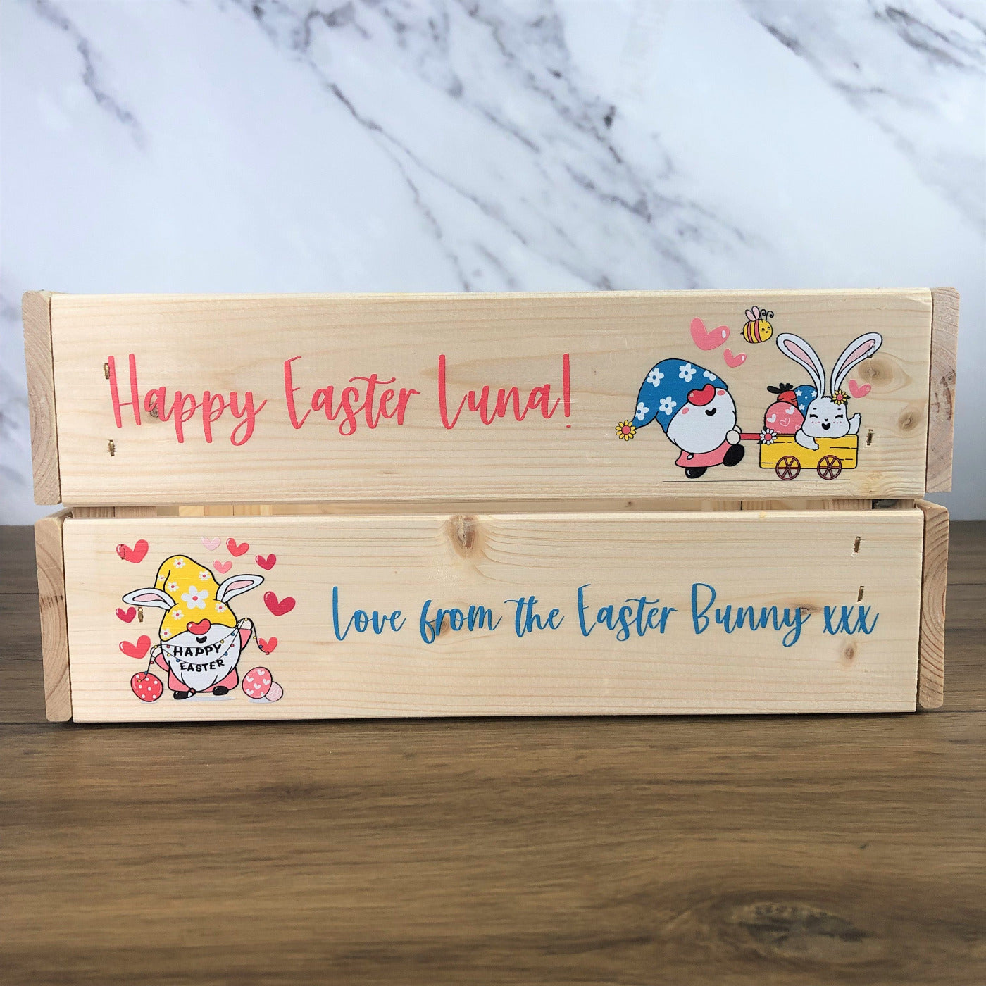 Personalised Solid Pine Flat Pack Slatted Crate - Happy Easter