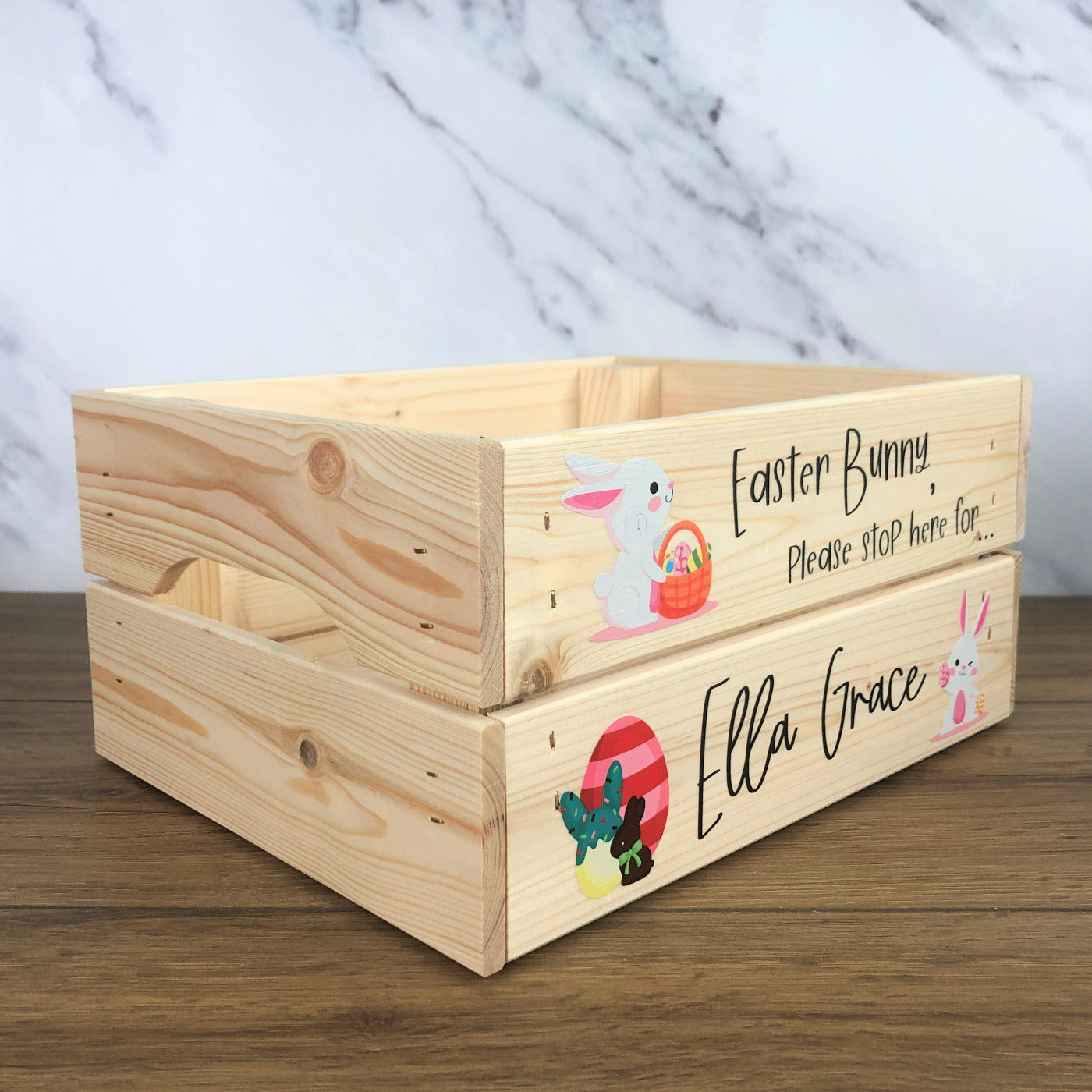 Personalised Solid Pine Flat Pack Slatted Crate - Easter Bunny