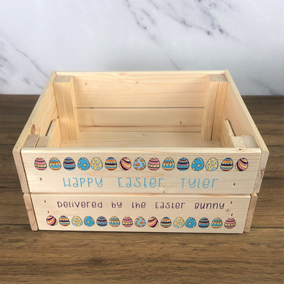 Personalised Solid Pine Flat Pack Slatted Crate - Easter Eggs
