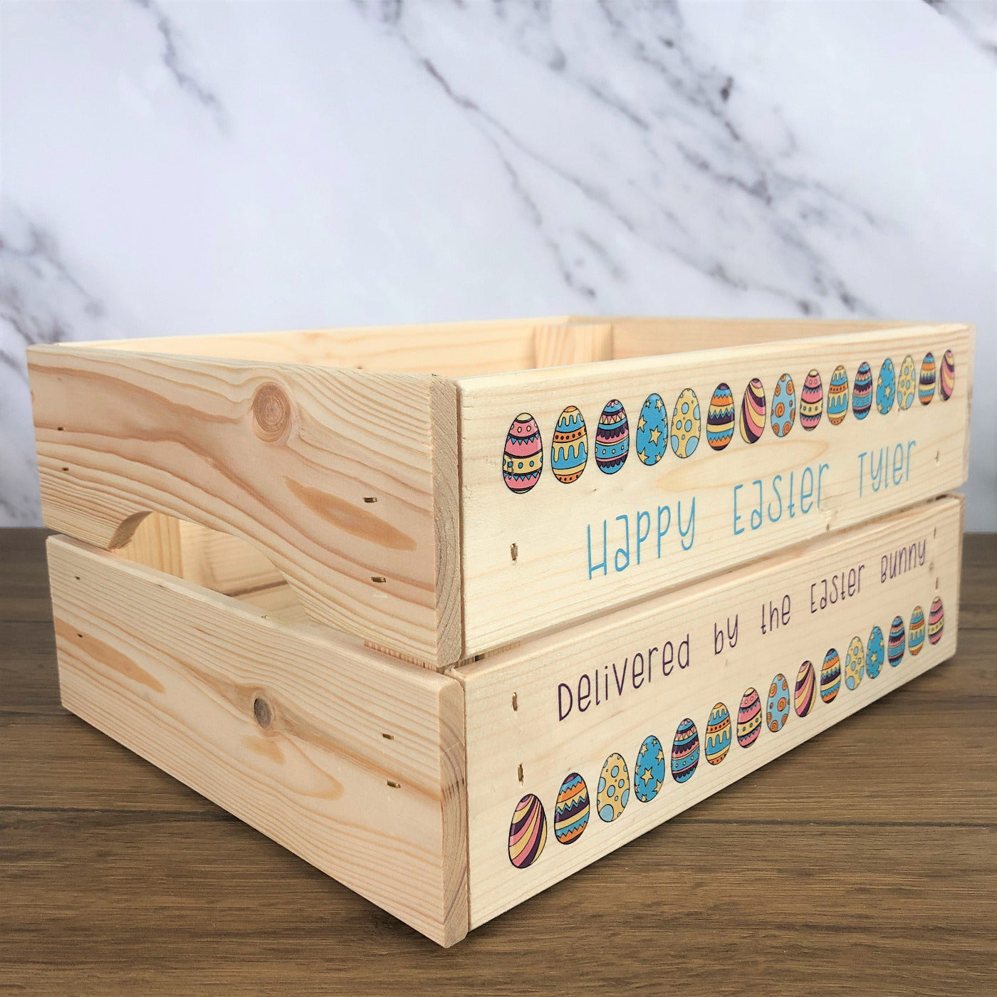 Personalised Solid Pine Flat Pack Slatted Crate - Easter Eggs