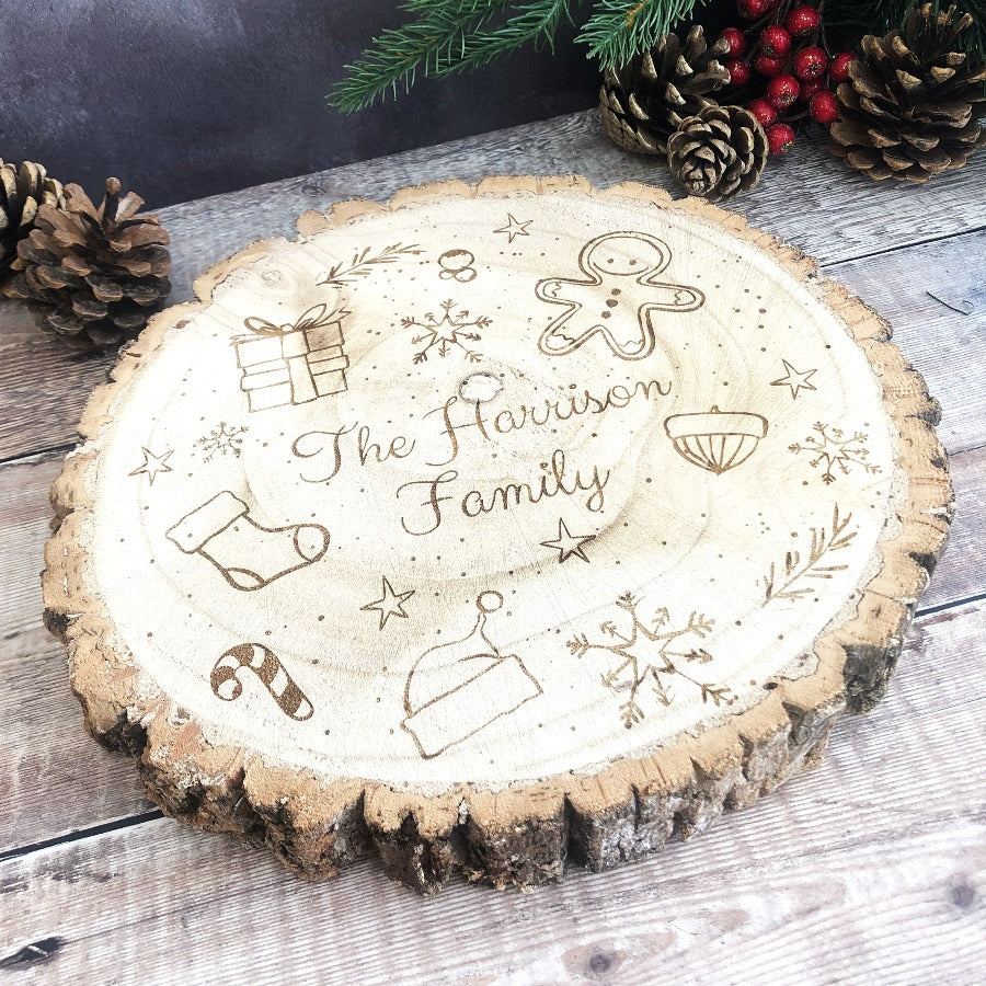 Personalised Large Solid Birch Log Slice Christmas Centrepiece Decoration - Festive