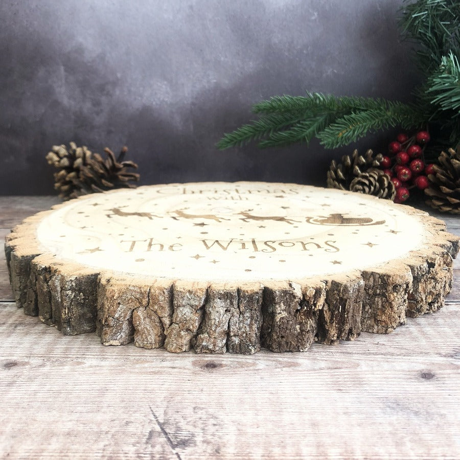Personalised Santa Sleigh Solid Birch Log Slice Round Centrepiece Decoration