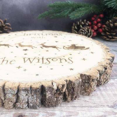 Personalised Santa Sleigh Solid Birch Log Slice Round Centrepiece Decoration