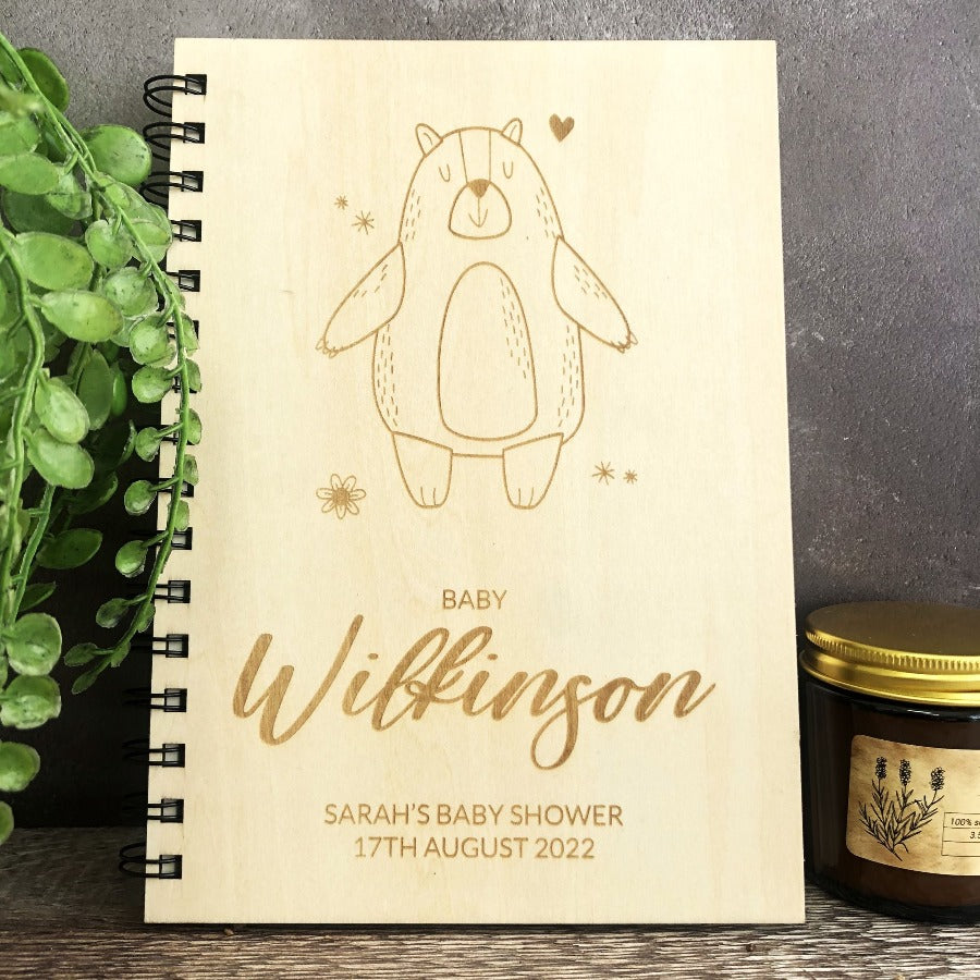 Personalised Baby Shower A5 Wood Cover Spiral Bound Plain Teddy Bear Notepad