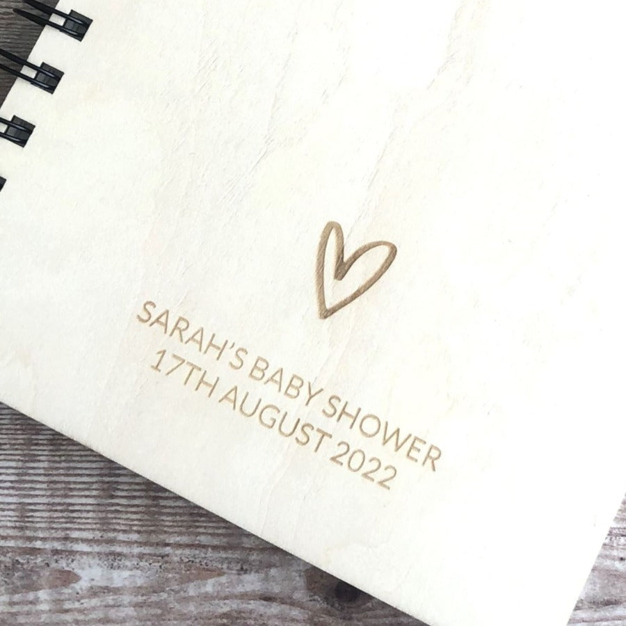 Personalised Baby Shower A5 Wood Cover Spiral Bound Plain Heart Notepad