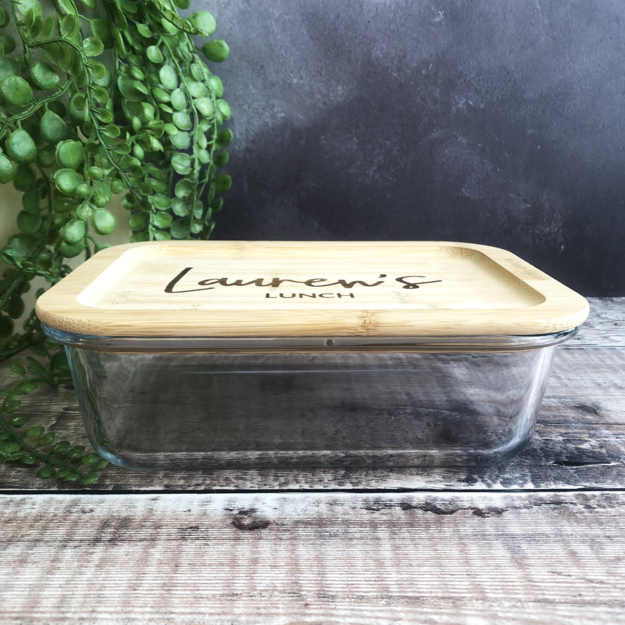 Personalised Glass Lunch Box with Solid Bamboo Lid - Any Name