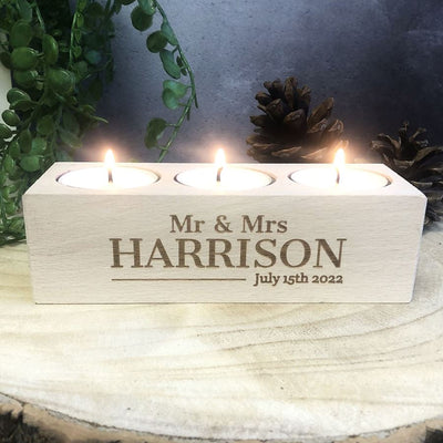 Personalised Wooden Tealight Holder - Mr & Mrs