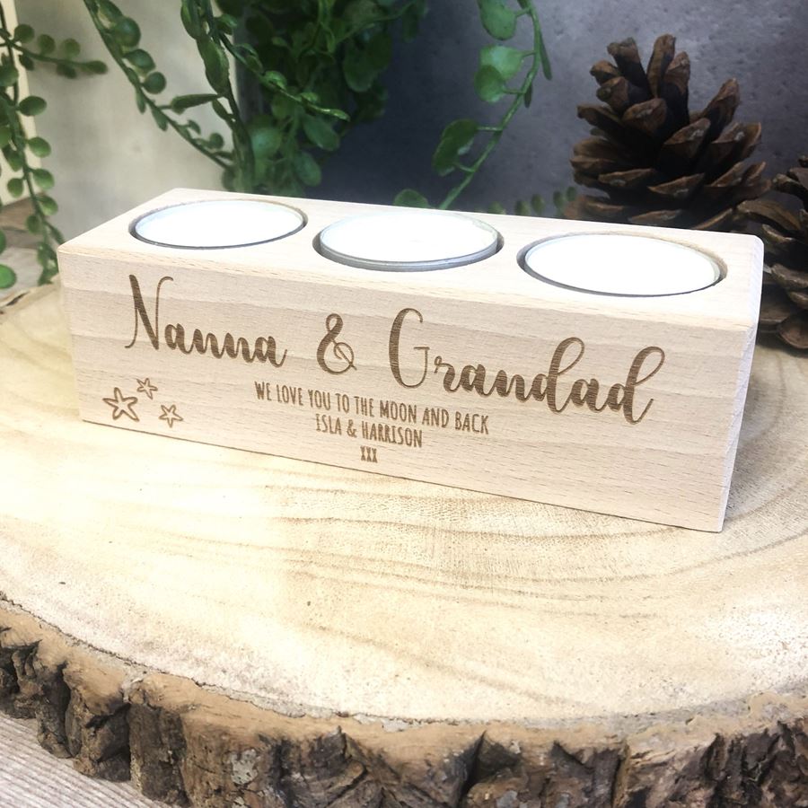 Personalised Wooden Tealight Holder - Nanna & Grandad