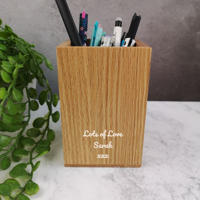 Personalised Wooden Pen Pot in Solid Oak - Small Rainbow
