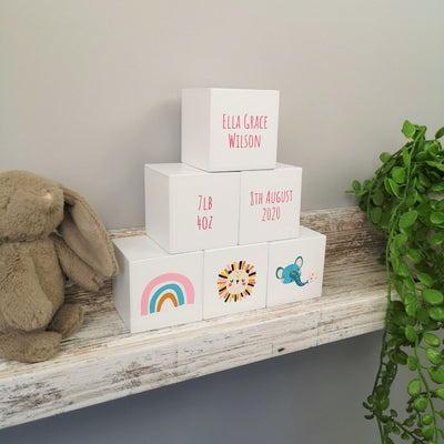 Personalised Baby Keepsake White Wood Building Blocks - Rainbow Symbols