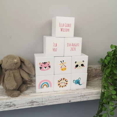 Personalised Baby Keepsake White Wood Building Blocks - Rainbow Symbols