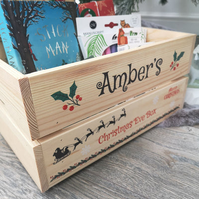 Personalised Christmas Eve Box Wooden Pine Crate - Holly