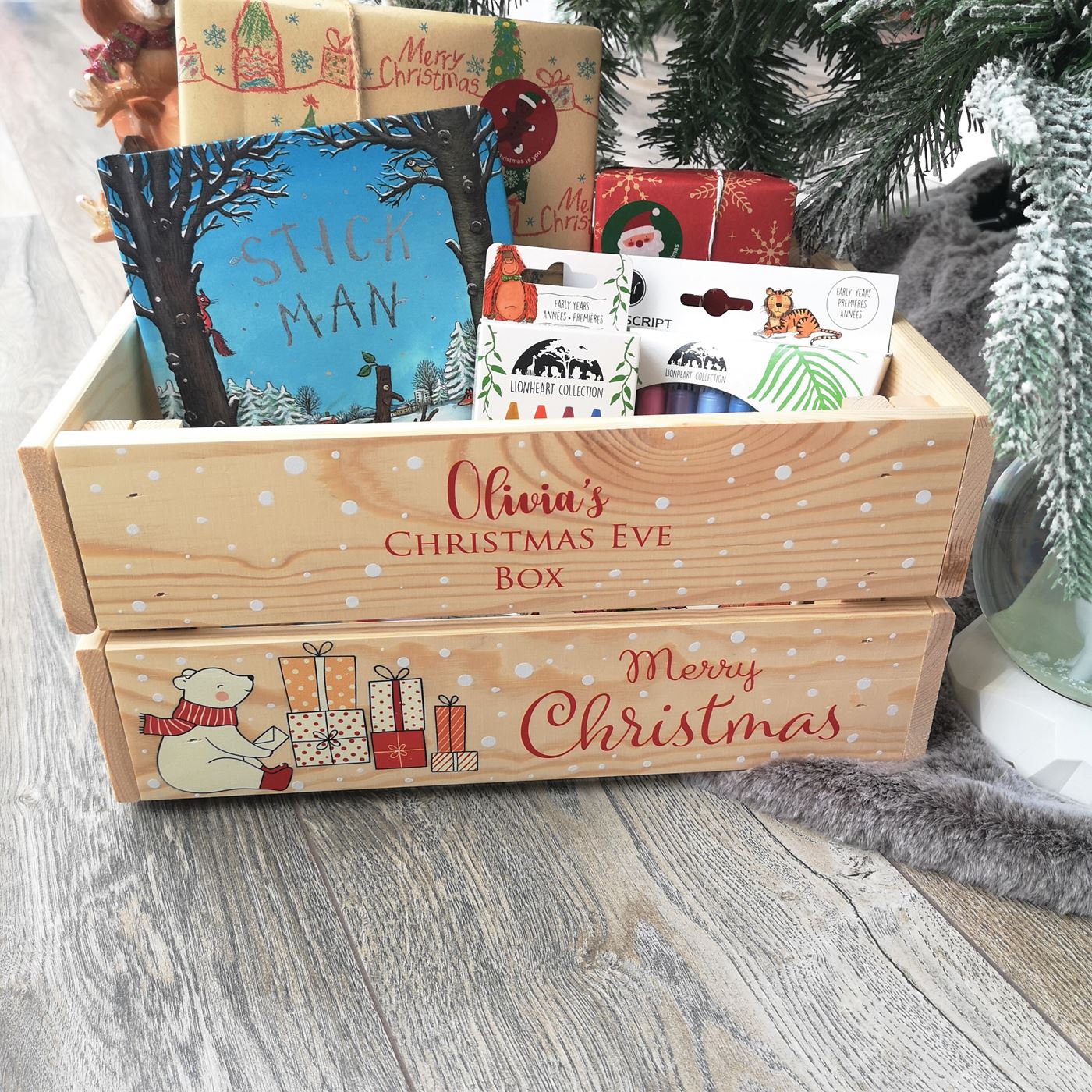 Personalised Christmas Eve Box Wooden Pine Crate - Cute Polar Bear
